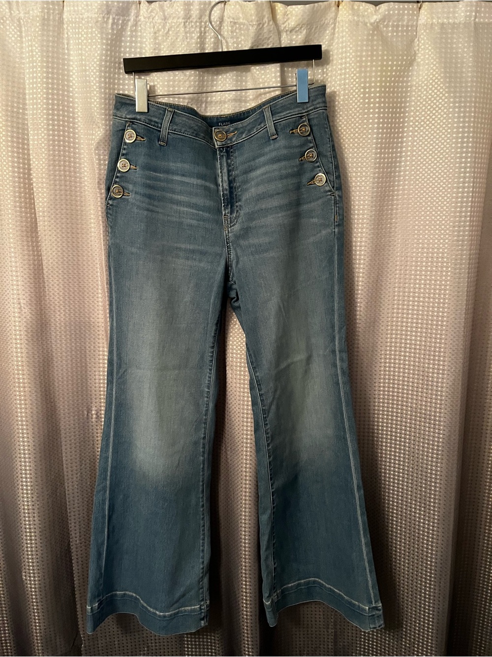 Chico's High-Rise Light Blue Flare Jeans with Sailor Button Detail